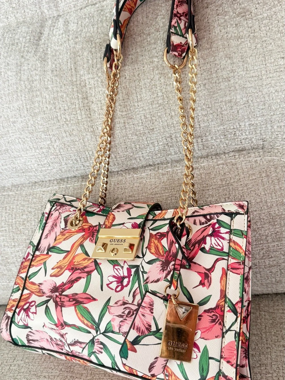 GUESS Floral Satchel in Pink with Gold Hardware